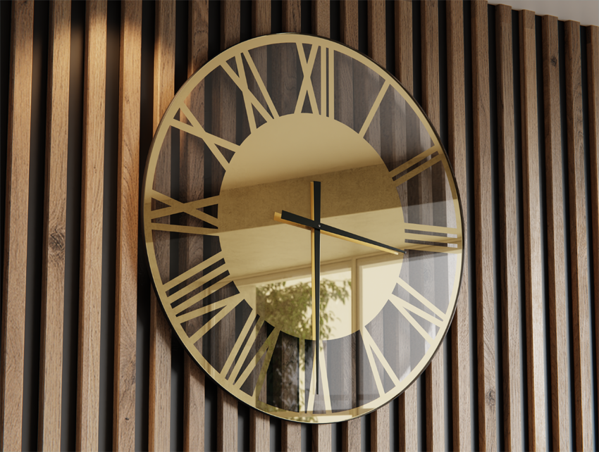 Zegar Rzymski Złoty + Transparent C2 Czarne Wskazówki