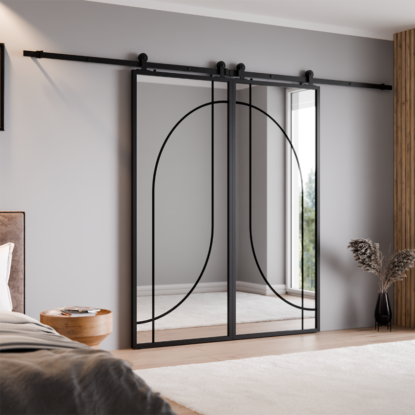 DRZWI PRZESUWNE PODWÓJNE ALUMINIUM LOFT LUSTRO SREBRNE ŁUK 4