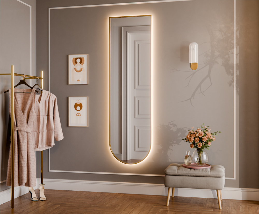 LUSTRO PÓŁOWALNE WISZĄCE ZŁOTA RAMA  ALUMIUNIUM LED AURORA