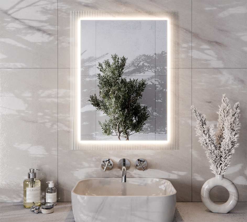 Lustro Prostokątne 60x80 cm Szkło Ornamentowe Przejrzyste Flutez LED HARRY